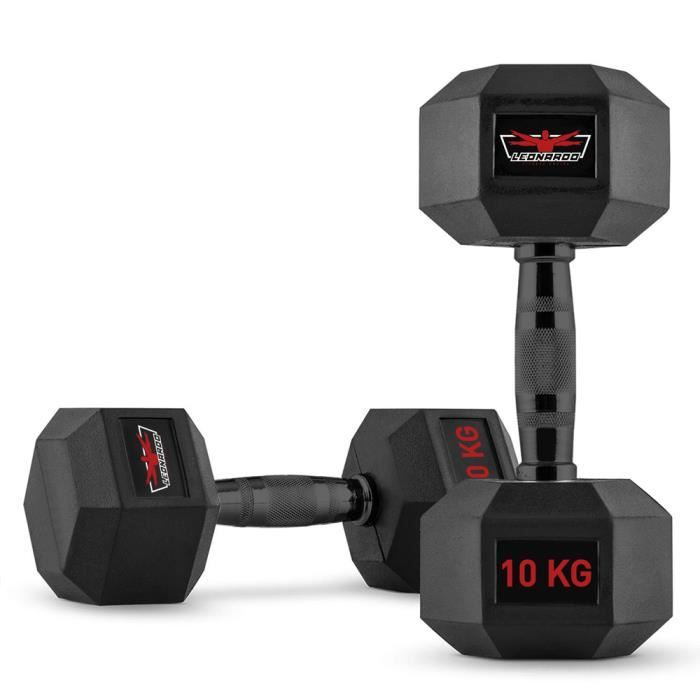 Set de 2 haltères hexagonaux crossfit en caoutchouc et acier 10 kg Goemon