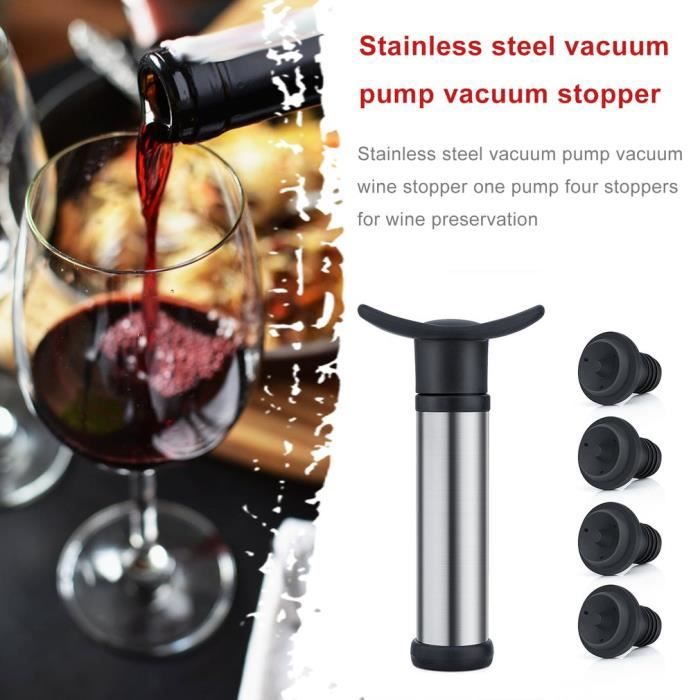 Coffret Vacu Vide Sommelier avec 4X Bouchons Triple Flange - La Meilleure façon de Conserver Son Vin - Black Edition (Argenté)