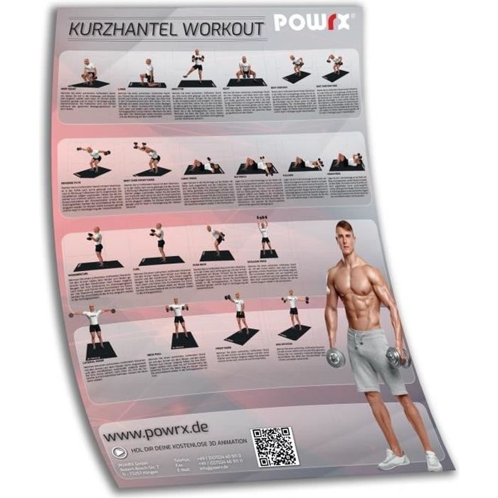 Affiche de formation DIN A1 Affiche d'exercice Haltère avec les 20 meilleurs exercices d'haltère Couleur: Rouge