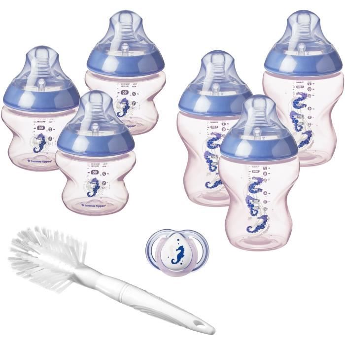TOMMEE TIPPEE Biberon Kit Naissance Closer to Nature, Valve Anti-Colique, Tétine Souple, Hippocampe