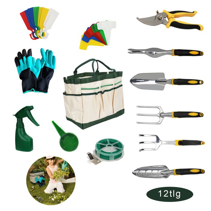 Kit D'outils De Jardinage 7 Pièces - Pelle, Râteau, Transplantoir, Sécateur, Tapis, Gants Et Sac | Poignées Antidérapantes