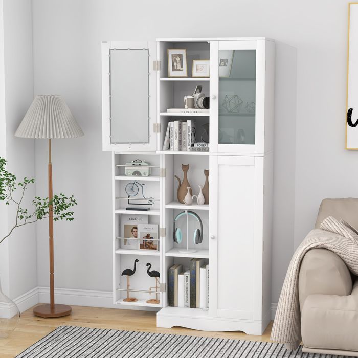 GIANTEX Buffet de Cuisine Armoire Haute H161 5 cm-14 Compartiments-2 Portes Vitrées+2 Portes Multi-Rangement-Meuble Rangement Blanc