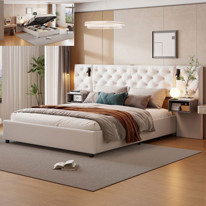 Lit 140x200 cm - NMONET - Beige - Tissu en velours - Éclairage LED - 2 places