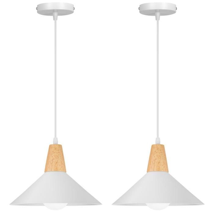 WOTTES Suspension en Bois et Métal - Blanc 2pcs Ø25cm - E27 - Design rétro Chapeau - Éclairage intérieur Lustre Cuisine