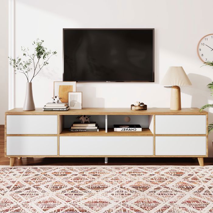 Meuble TV de Salon en Blanc et Bois avec Compartiments et portes Style Rustique Naturel 175 x 37 x 51 cm Meuble TV de Salon en Blanc et Bois avec Compartiments et portes Style Rustique Naturel 175 x 37 x 51 cm