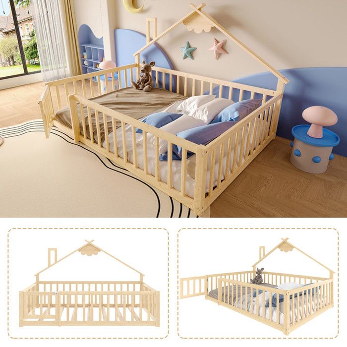 Lit cabane enfant 140x190 cm - avec barrières de sécurité - bois massif - naturel (sans matelas) Lit cabane enfant 140x190 cm - avec barrières de sécurité - bois massif - naturel (sans matelas)