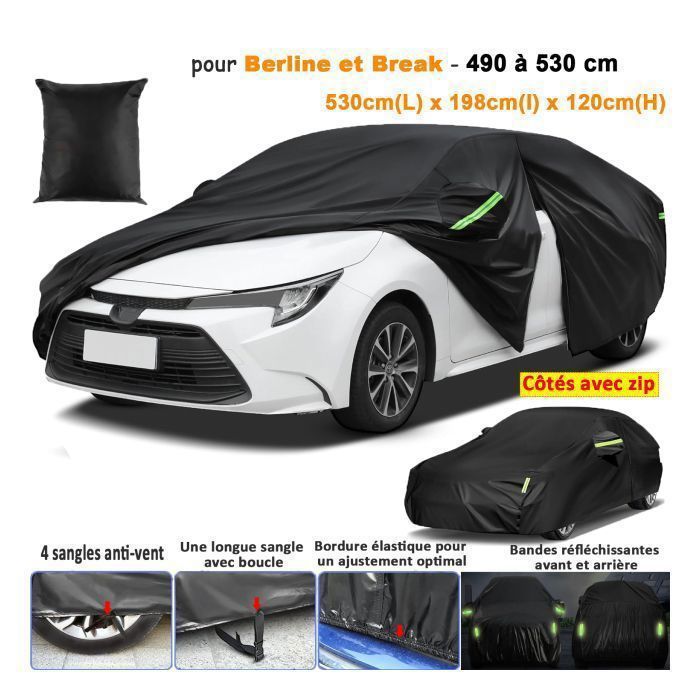 Bâche Voiture Exterieur pour Berline et Break 490 à 530 cm ImperméableCôtés avec zipDoublure en CotonAnti UV Neige Poussière