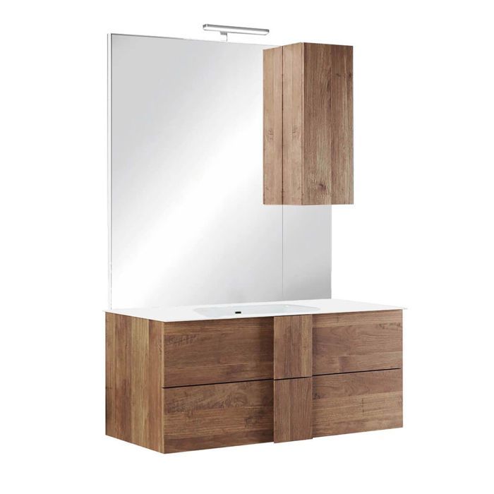 Meuble Vasque 101cm suspendu 2 tiroirs + Miroir aspect bois finition Mercure - ZEUS