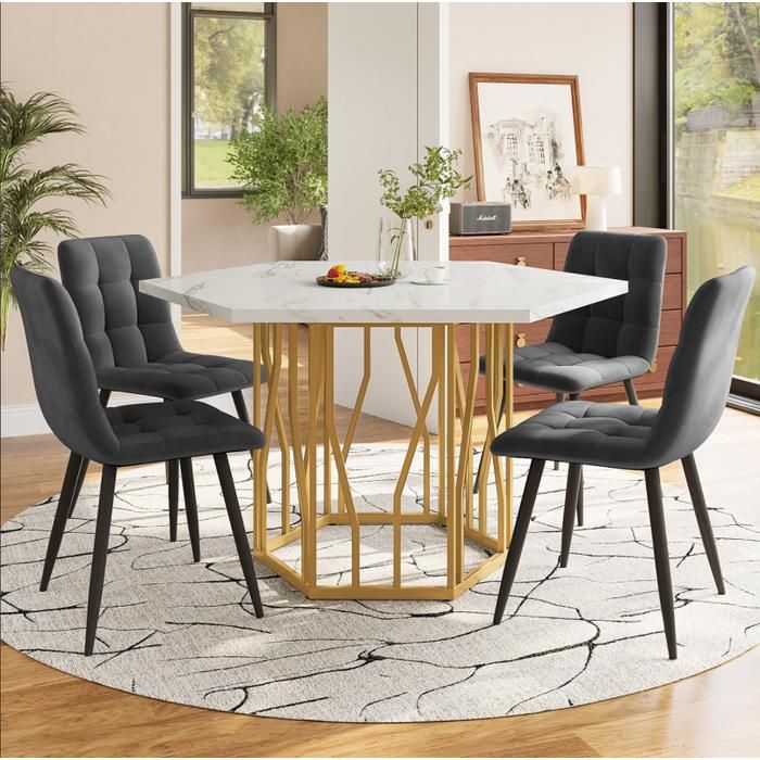 Ensemble table et chaises table à manger hexagonale moderne en marbre + 4 chaises de salle à manger en velours gris pour restaurant