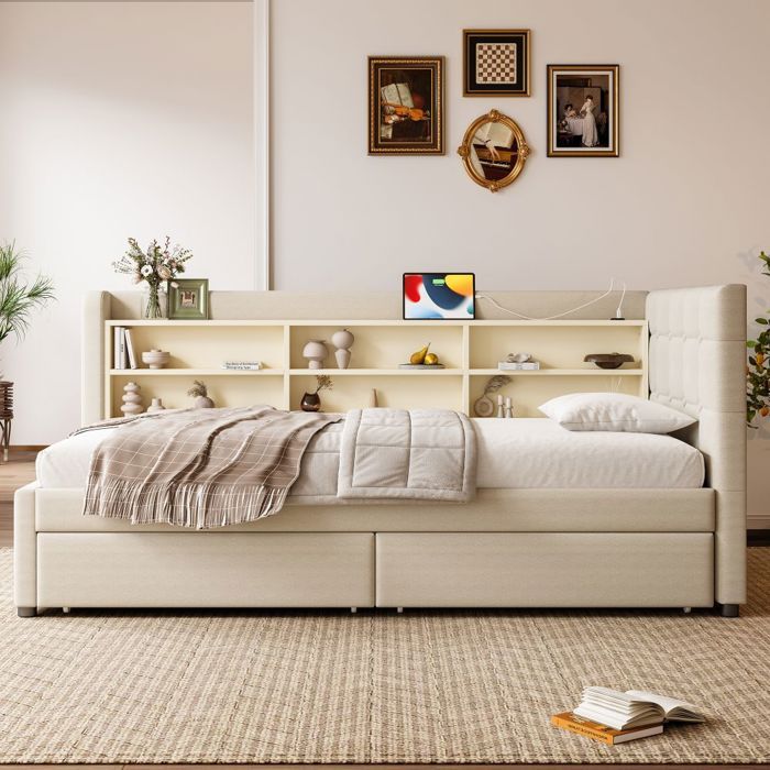 Lit simple Méridienne convertible 90x200 cm avec sommier à lattes 2 tiroirs ports USB/Type-C et rangements - Beige - Sans Matelas Lit simple Méridienne convertible 90x200 cm avec sommier à lattes 2 tiroirs ports USB/Type-C et rangements - Beige - Sans Matelas