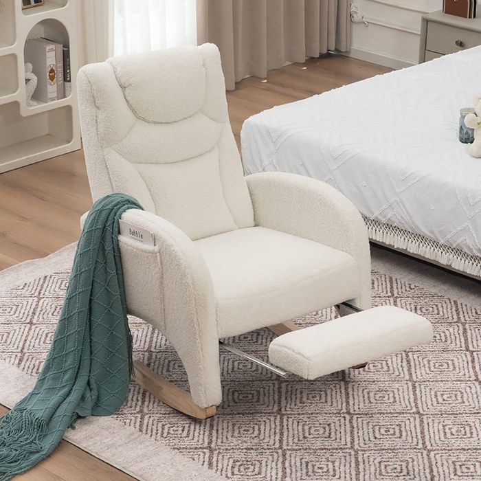 Fauteuil à bascule scandinave Fauteuil salon confortable tissu Teddy Blanc capacité de charge 110 kg Fauteuil à bascule scandinave Fauteuil salon confortable tissu Teddy Blanc capacité de charge 110 kg