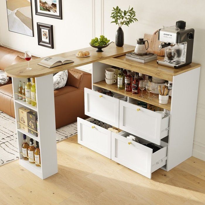Meuble Bar Rotatif 360° Moderne avec 4 Tiroirs et Étagères Table de Bar Multifonction Bois Blanc Or 138 cm