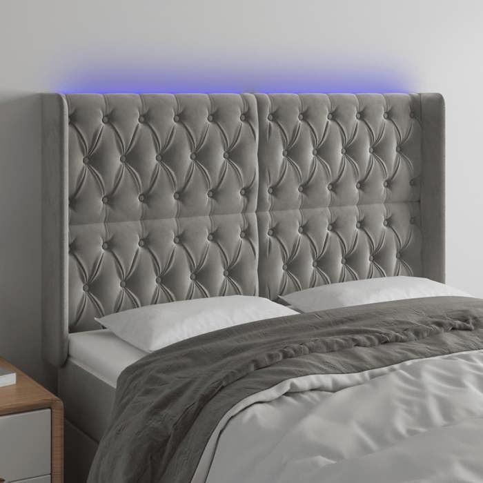 CHIC Tête de lit et lumières LED - Armoire de Tête Lit pour lire - Gris clair 147x16x118/128 cm Velours@SARA525366