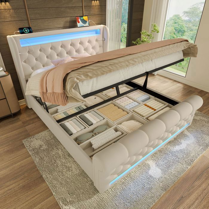 Lit coffre - SOGEU - 140x200cm - Velours beige - LED multicolore - Ports USB & Type-C