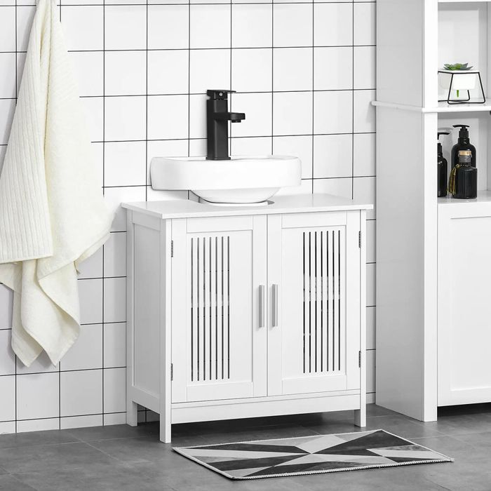 Meuble sous lavabo 2 portes rainurées - 60 x 30 x 60 cm MDF blanc avec étagère réglable