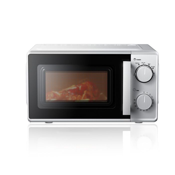 Micro-ondes 20 litres 700 W deux boutons minuterie 30 minutes 243 × 446 × 353 cm argent