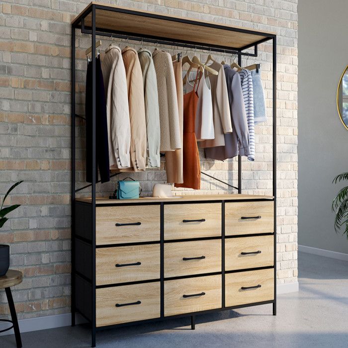 IDMARKET Dressing penderie L. 113 cm UTAH avec 9 bacs en tissu bois et noir IDMARKET Dressing penderie L. 113 cm UTAH avec 9 bacs en tissu bois et noir