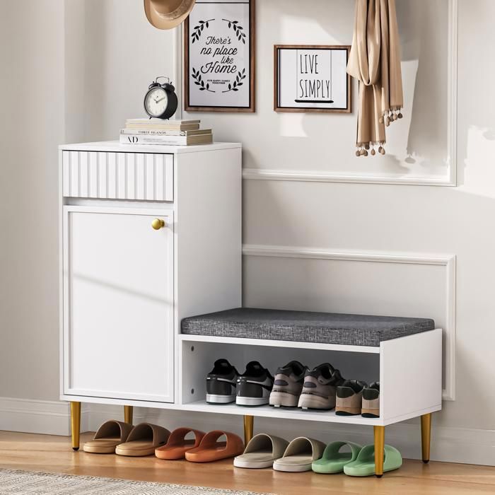 Meuble à Chaussures avec Banc de Entrée 100x35x82cm Banc à Chaussures avec Rembourré Étagère Réglable 1 Tiroir et Porte - Blanc