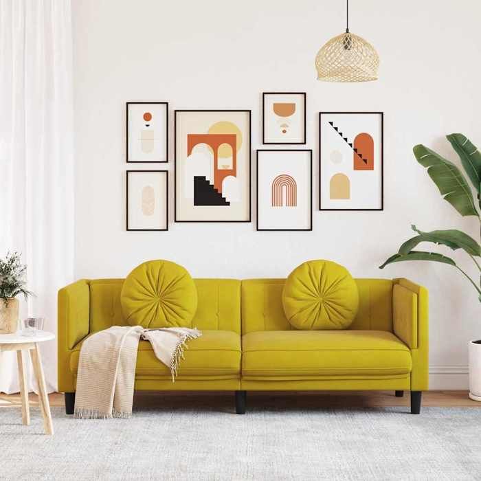Canapé avec coussins 3 places JILI Sofa de salon pour adulte/enfant jaune velours 193.5x77x70 cm JJ854