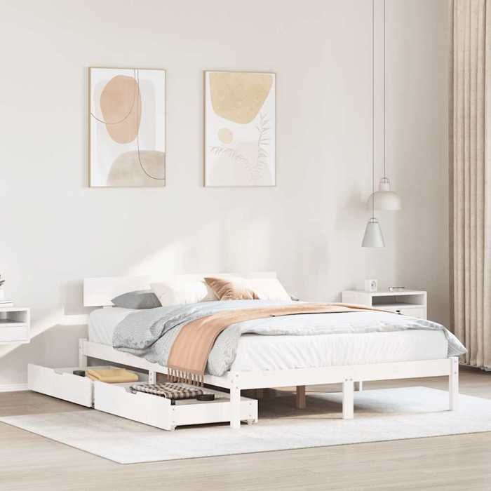 Structure de lit en bois de pin - UU - 140x190 cm - Blanc - Bois de pin massif - Sommier à lattes