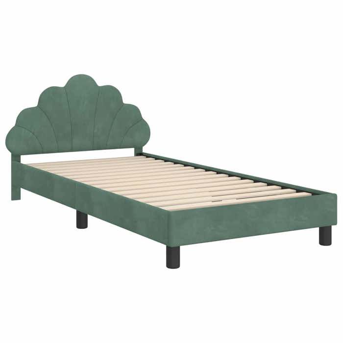 Lit enfant avec tête de lit - UU - Vert mer - Velours - 90x190 cm - Bois dingénierie - Poches de rangement