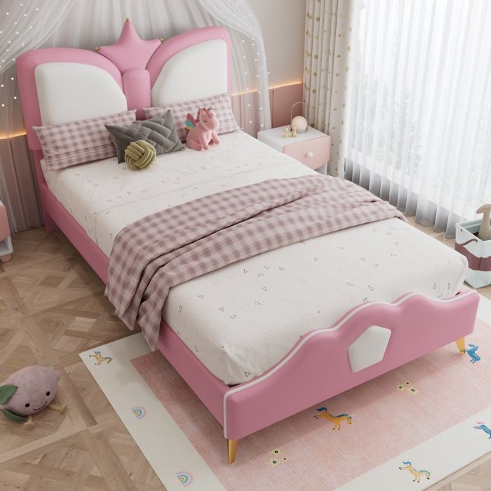 Lit 90x200cm - lit enfant lit simple - ête de lit en forme de couronne -mousse anti-choc - PU + fer + mousse rose + blanc