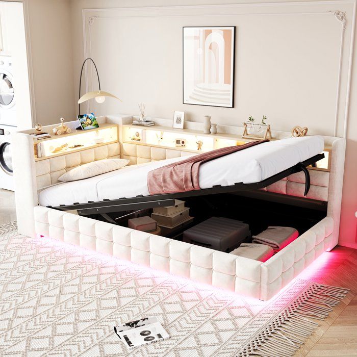 Lit 1 Personne 90x200 avec LED et Rangement Hydraulique - Tissu Velours Béige Tête de Lit avec Prise USB/Type-C Étagères en Bois.