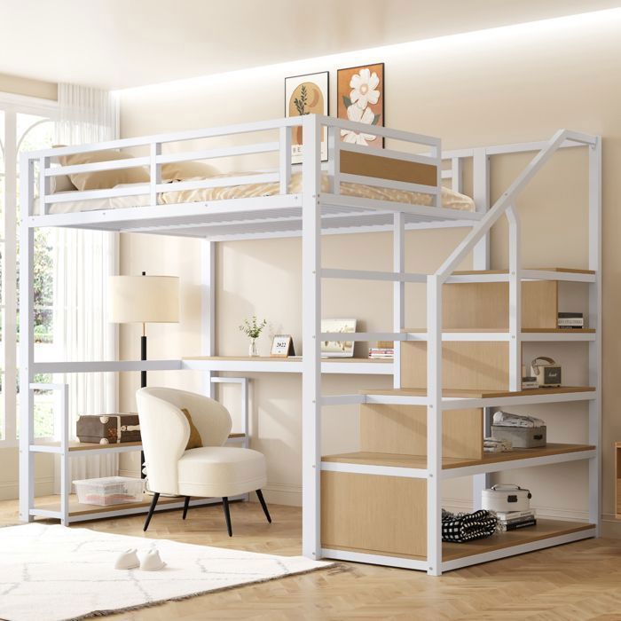 Merax Lit mezzanine métal - blanc et bois naturel - 140x200 cm - avec bureau et étagères échelle et cadre de lit métallique