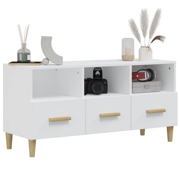 Meuble TV blanc brillant - MEUBLECHIC - 102x36x50 cm - Bois dingénierie - Blanc - 110 kg max - Tiroirs et compartiments