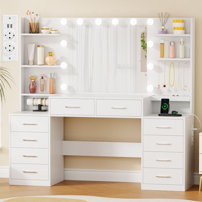 Grande Coiffeuse 150 × 40 × 140cm avec Miroir LED 2 Prises et 2 Ports USB 10 Tiroirs de Rangement Blanc Adulte et Enfant
