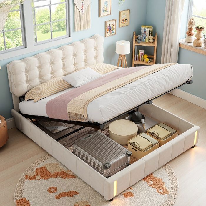 Lit Double Rembourré 140 x 190 cm Lit Coffre avec LED et USB Cadre de Lit avec Espace de Rangement Lit 2 Places en Velours Beige