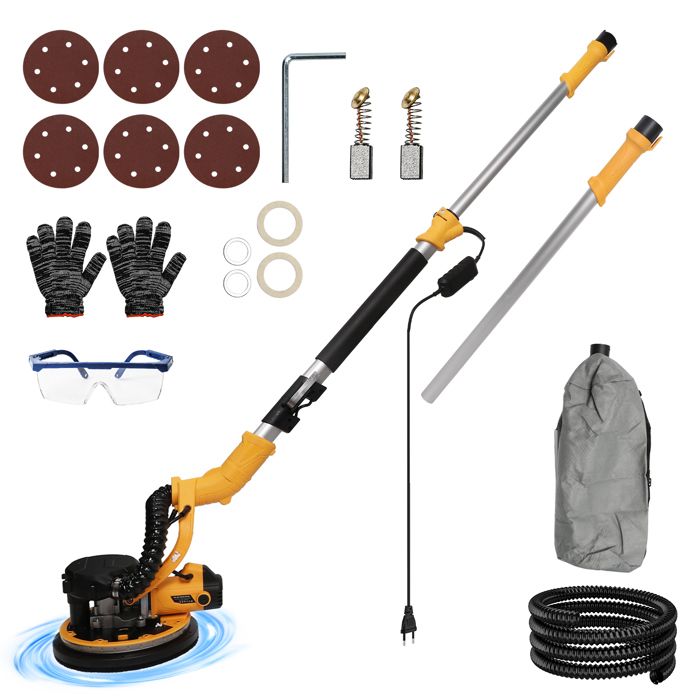 Ponceuse girafe Pliable 1390W avec Aspirateur Intégré 6 Vitesses (800-1800 RPM) Lumière LED Manche Téléscopique 4m Cable