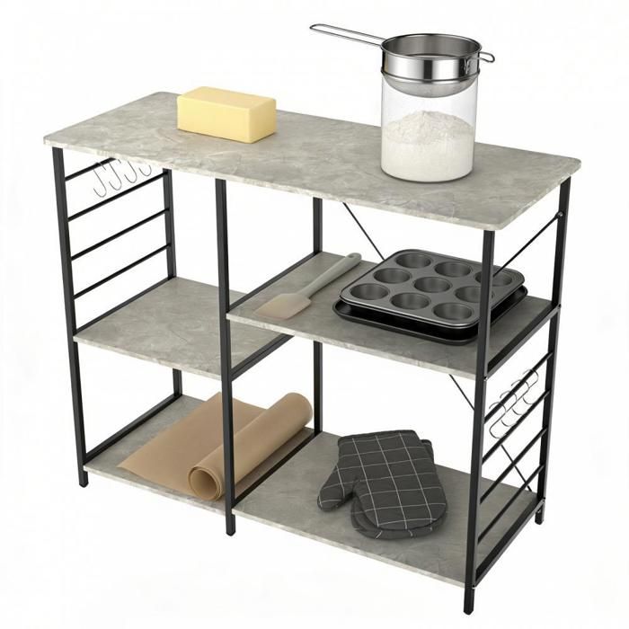 MIPAN.Étagère à micro-ondes utilitaire à 4 niveaux - 90x83x39 cm - Avec 8 Crochets en S - Meuble Cuisine pour ustensiles - Gris