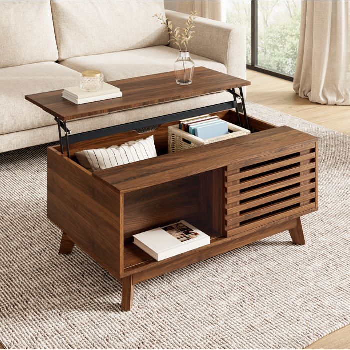 Table basse noyer 90 x 55 x 57 5 cm plateau relevable porte coulissante MDF stable