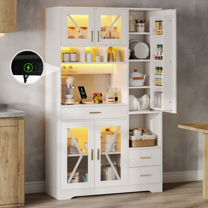 Buffet de cuisine vitrine haute 105x40x185 cm étagères réglables tiroir LED prises style grange - MDF - Blanc