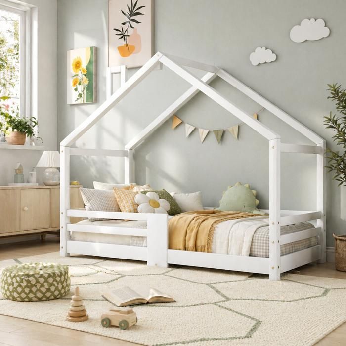 Lit cabane enfant 90x200 cm avec cheminée barrière antichute sommier à lattes pin massif sans matelas - blanc