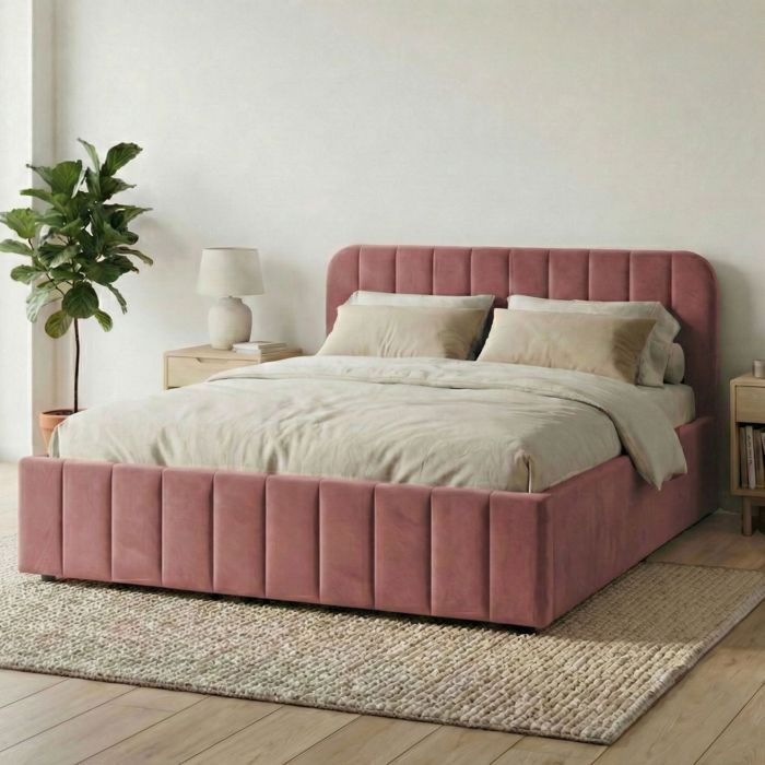 Lit coffre 140x190 velours vieux rose avec tête de lit Terre de Nuit