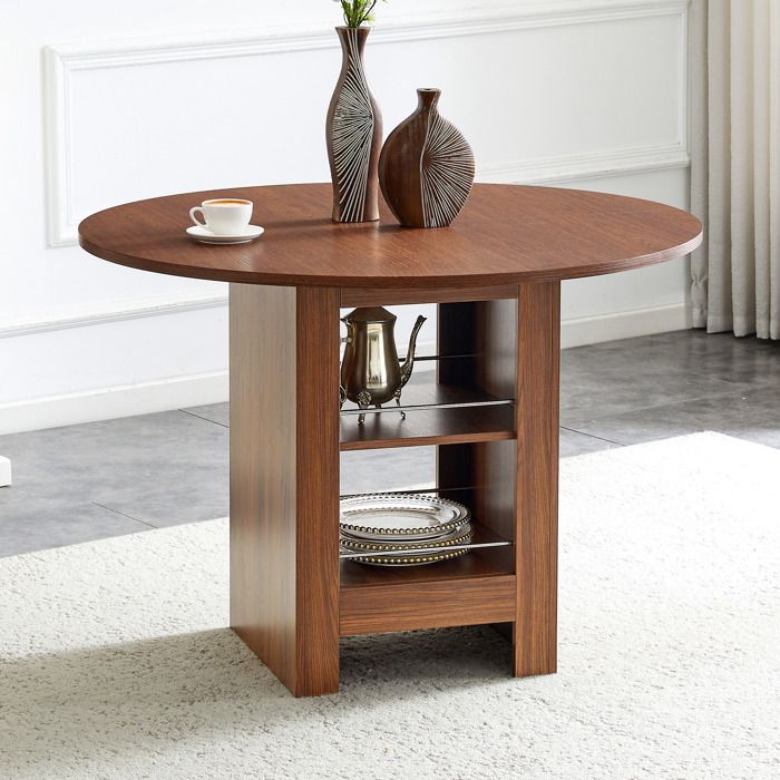 Table à manger ronde noyer avec rangements ouverts Ø 100 × H 76 cm