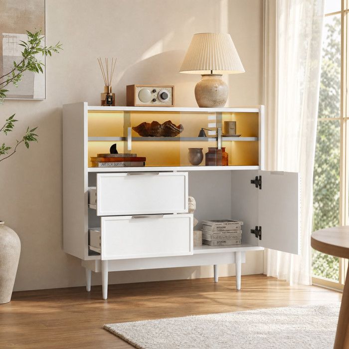 Buffet bas de cuisine avec LED meuble de rangement 80x35x80 cm 2 tiroirs 1 porte pour salon/salle à manger blanc