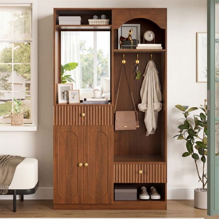Meuble d entrée vestiaire - Armoire compacte avec miroir armoire dentrée avec meuble à chaussures et patères - Noyer
