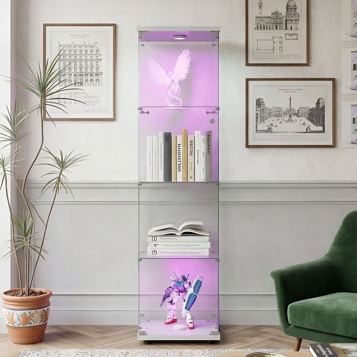 Vitrine d Exposition 164cm - 1 Porte 4 Niveaux - Lampe LED - Anti Poussiere - Verre Trempe et Bois - Blanc