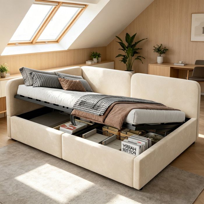 Canapé lit 140x200 avec sommier lit coffre rangement hydraulique tête de lit haute convertible 2 places velours Beige(Sans Matelas)