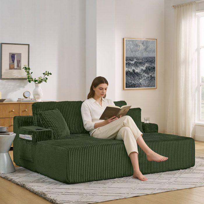 Canapé-lit 2 places lounge velours côtelé doux poche magazine porte-gobelet et oreiller Vert