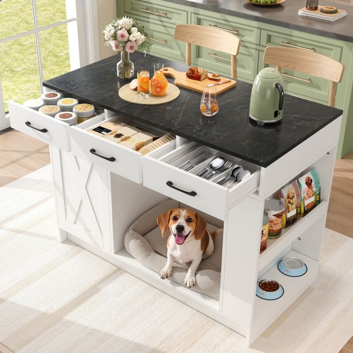 Îlot de cuisine multifonction - Blanc - 120x60x90 cm - MDF - 3 tiroirs - Étagère réglable - Étagère à épices