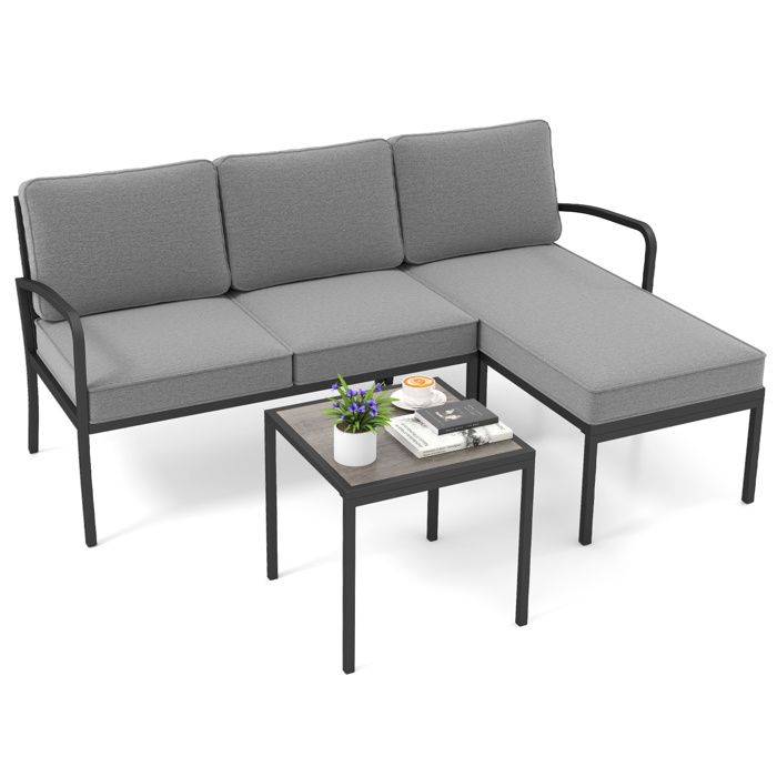 Ensemble 3PCS Table et Chaises de Jardin COSTWAY Coussins Amovibles Lavables Table Basse en Verre Canapé dAngle Modulable Gris