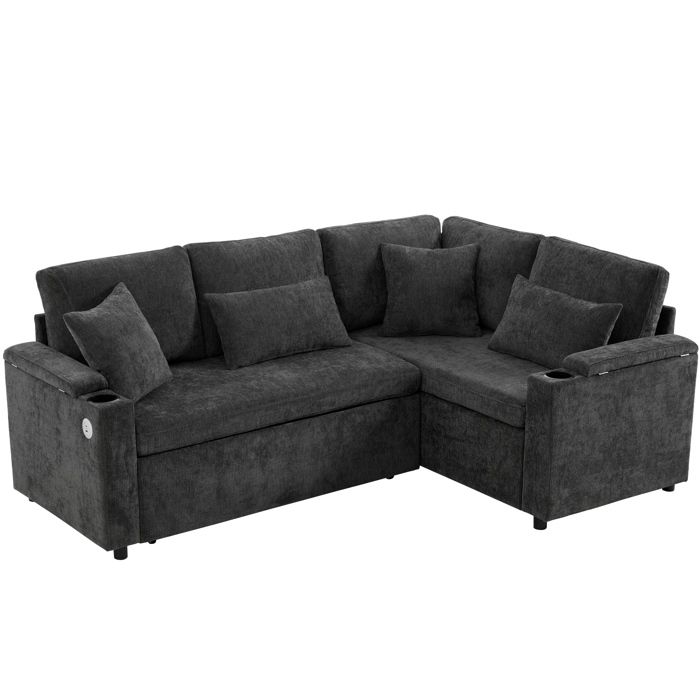 ELVORIN canapé d angle convertible 4 places 206 5 x 141 x 86 cm chenille gris foncé coffre USB porte gobelet