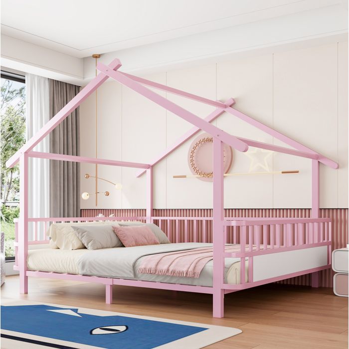 Lit Cabane Enfant 140×200 cm avec Barrière de Sécurité et Toit Décoratif - LPOSPI - sans matelas Métal Rose