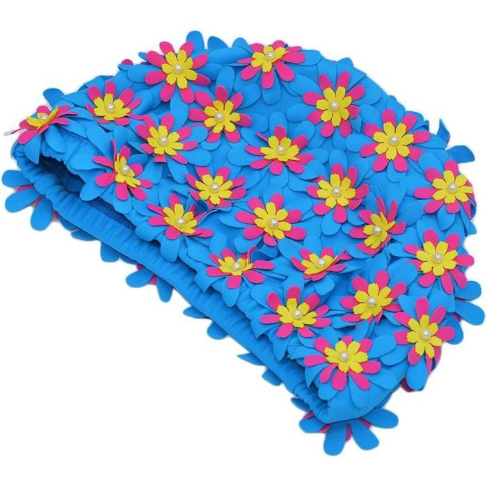 Bonnet de Bain Femme Vintage à Motif Floral Bleu Coiffe de Piscine Rétro Élégante pour Adulte