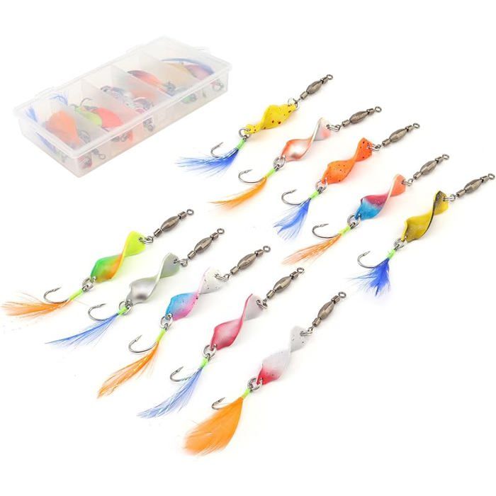 Lot de 10 leurres de pêche au bar Cuillères de pêche rotatives en plumes Cuillères de pêche pivotantes Multicolore