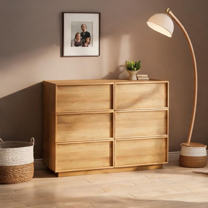 Meuble de rangement 6 tiroirs MDF et panneaux de particules finition chêne 115 x 48 x 78 cm style scandinave pour salon ou chambre